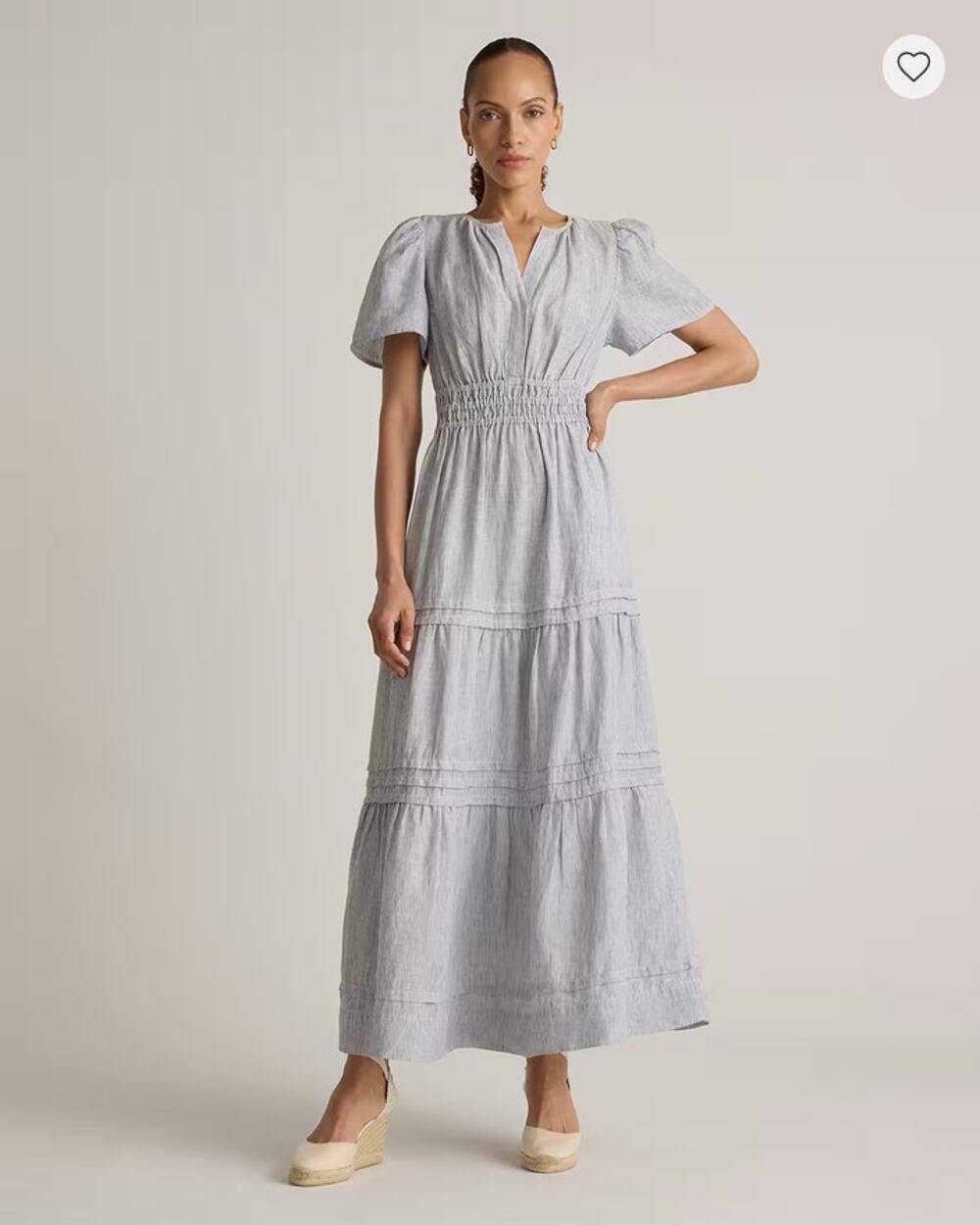 Quince 100% European Linen Tiered Maxi Dress Blue Pinstripe Size S NWT